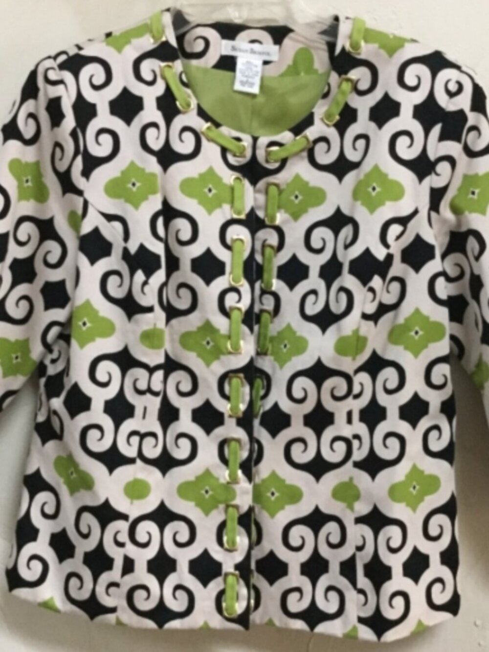 Susan Bristol Women Size L Jacket Blazer 3/4 sleeves neck hook close green beige